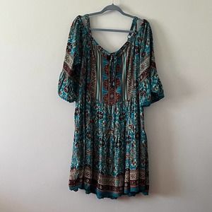 Lola P. Blue Orange Bohemian Off the Shoulder Dress sz XL